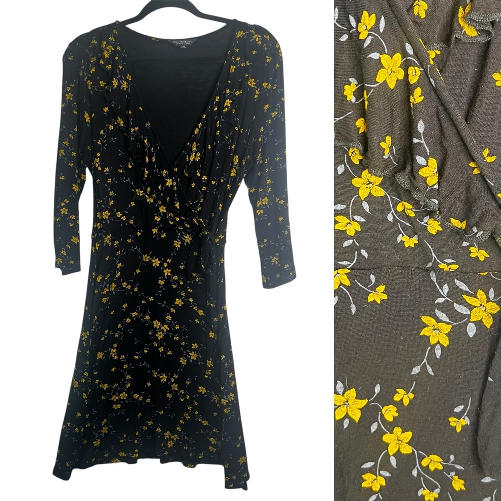 Miss Selfridge Wrap Dress Long Sleeve Black Yellow Micro Floral Sz 10 Fairy 90s